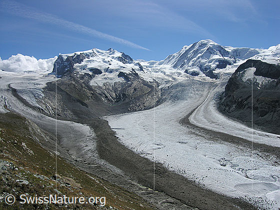 Foto: Nordend, Dufourspitze, Parrotspitze, Liskamm und Gletscherlandschaft des Gornergletscher mit ausgeprägter Moräne, Monte Rosagletscher und Grenzgletscher.