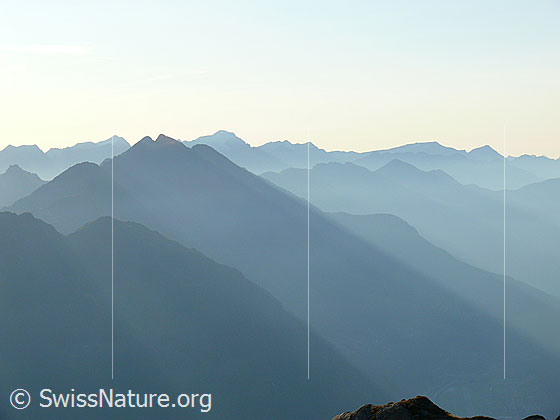 Foto: Bergketten im Morgenlicht. Die Berggipfel Pizzo di Cossimoi, Güferhorn, Pécianett, Rheinwaldhorn, Vogelberg, Cima Rossa und Cima dei Cogn sind in der Morgenstimmung als Silhouetten erkennbar.