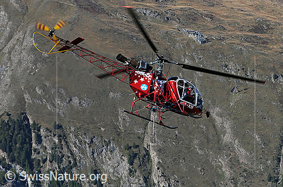 Foto: Helikopter im Gebirgseinsatz. Das Fluggerät schwebt über einer Baustelle.