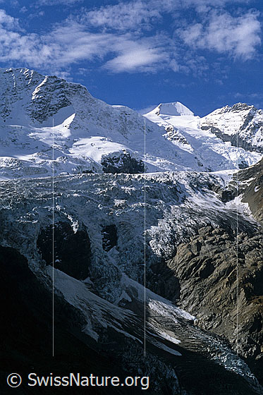 Foto: Fieschergletscher und Obers Ischmeer mit Mönch im Hintergrund. Am blauen Himmel sind kleine Föhnwolken zu sehen. Aufnahme ab Dia.