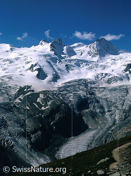 Foto: La Sella und Piz Glüschaint von N.
Davor: Sella- und Roseggletscher.
Aufnahme ab Dia.