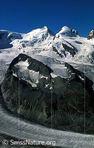 Foto: Felikjoch, Castor und Pollux, Schwarztor von N (Gornergrat)
Zwillingsgletscher, Schwärzegletscher und Gornergletscher.
Aufnahme ab Dia.