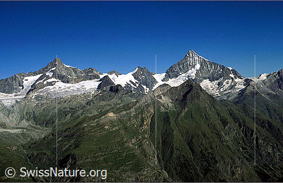 Foto: Zinalrothorn, Schalihorn und Weisshorn von SE (Gornergrat). Vorgelagert das Mettelhorn.
Aufnahme ab Dia.