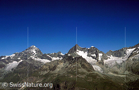 Foto: Dent Blanche, Ober Gabelhorn und Wellenkuppe von E (Gornergrat).
Aufnahme ab Dia.