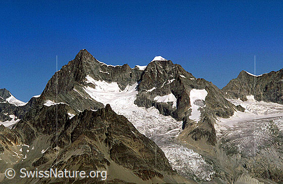 Foto: Ober Gabelhorn und Wellenkuppe ESE (Gornergrat)
Gabelhorngletscher und Triftgletscher.
Aufnahme ab Dia.
