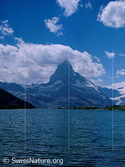 Foto: Matterhorn mit Stellisee.
Aufnahme ab Dia.