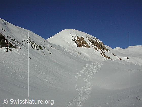 Foto: Abfahrt vom Gandhorn. Blick zurück auf den Gipfelaufbau.