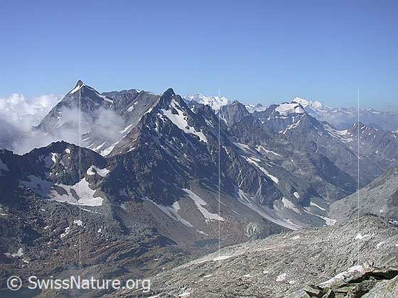 Foto: Blick vom Gipfel des Grossen Schinhorn Richtung SW. Gut sichtbar sind Scherbadung und Schwarzhorn.