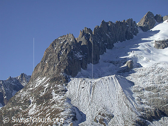Foto: Fusshörner von SE (unterhalb Mossfluh). 
Gut sichtbar ist die Terrasse, auf der sich das Biwak befindet.