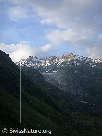 Foto: Rhonegletscher im Abendlicht von WSW 
Im Hintergrund: Sidelenhorn, Gr. Furkahorn und Kl. Furkahorn.