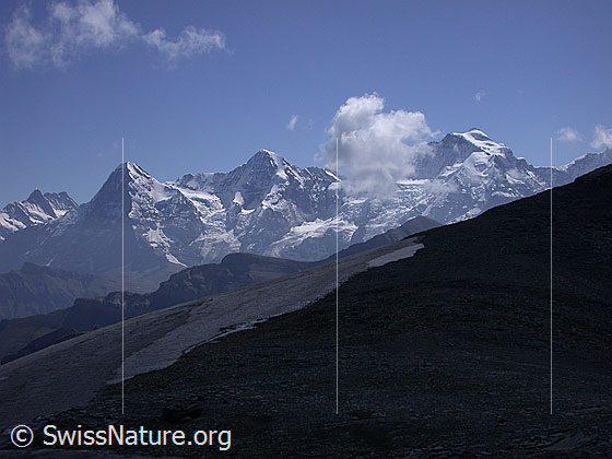 Foto: Eiger, Mönch und Jungfrau von NW (Sattel 2674 unterhalb Schwalmere).