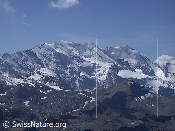 Foto: Blüemlisalp (Morgenhorn, Wyssi Frau, Blüemlisalphorn) von NE. (Schwalmere)
Im Vordergrund: Hundshorn und Wild Andrist
