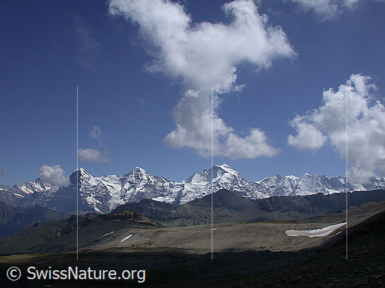 Foto: Eiger, Mönch, Jungfrau, Gletscherhorn und Äbeni Flue von NW (Hochebene Hogant).