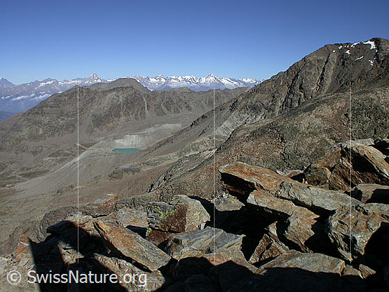 Foto: Bergsee (2768m) ob Saas Balen von N (Gipfel Jegihorn). Im Vordergrund ist der Bergsee (2768m) oberhalb Saas Balen zu sehen.
Dieser See liegt in einer Permafrostzone und gefährdet Saas Balen. Der Wasser fliesst durch den Gletscherbach Fellbach an der Grubenalp vorbei hinuter nach Saas Balen.