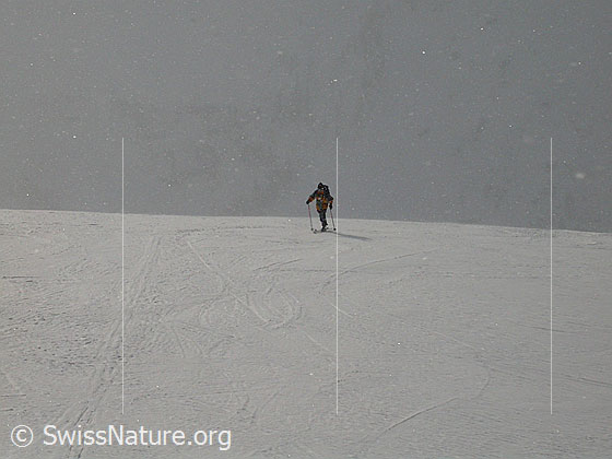 Foto: Im Aufstieg zum Gandhorn bei gleichzeitigem Sonnenschein und Schneefall.