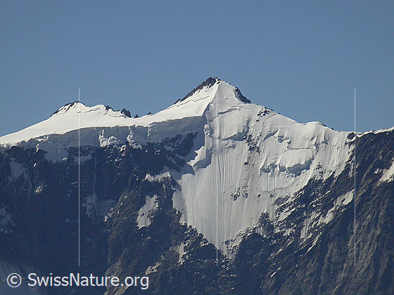 Foto: Hinter Fiescherhorn und Gross Fiescherhorn von NE (Gipfel Schwarzhorn). Davor die Fiescherwand.