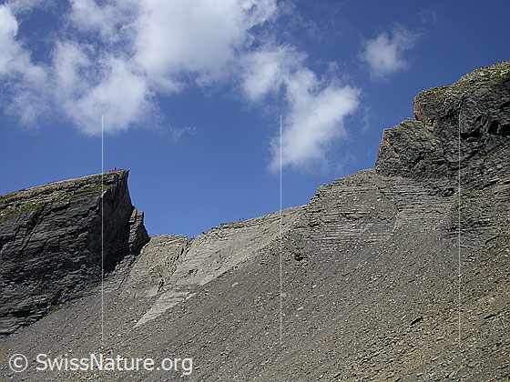 Foto: Südseite der grossen Chrinne. Nach rechts verläuft der Klettersteig auf das Schwarzhorn.