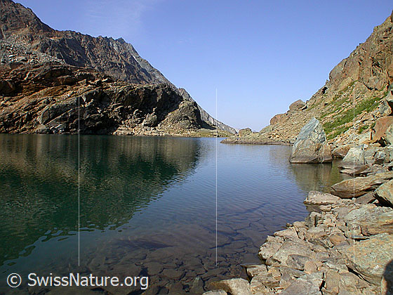 Foto: Schwache Spiegelung im Züesee. Blick Richtung W, im Hintergund das Schwarzhorn.