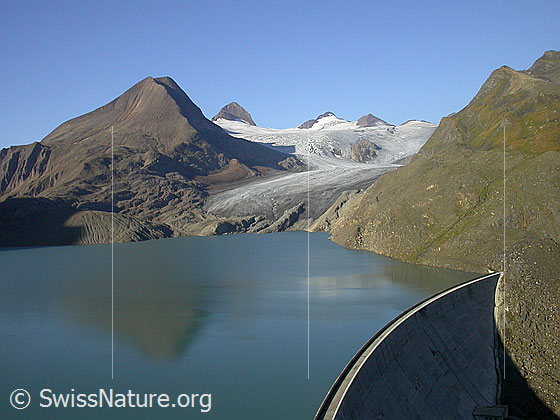 Foto: Griessee mit Staumauer
Im Hintergrund: Bättelmatthorn, Rothorn, Griesgletscher und Blinnenhorn.