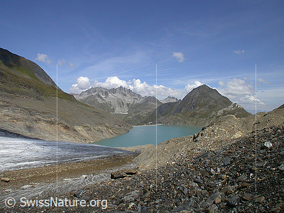 Foto: Griesgletscher, Pizzo Gallina, Griessee und Nufenenstock von WSW.