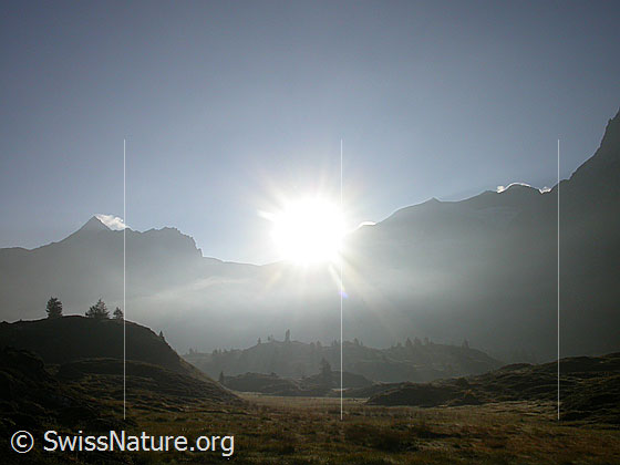 Foto: Morgenstimmung auf dem Simplonpass mit Wasenhorn, Mäderhorn, Breithorn.
Gegenlichtaufnahme.