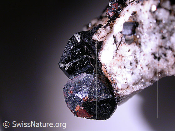 Foto: Cafarsit mit Hämatit-Plättchen Grösse des Cafarsit: 6mm Breite des Hämatit-Plättchens: 6mm Fund: André Gorsatt