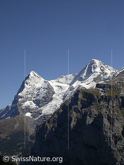 Foto: Eiger, Mönch und ein Ausläufer des Schwarzmönch WNW (oberhalb Mürren)
Gut zu sehen ist der Nollen am Mönch.