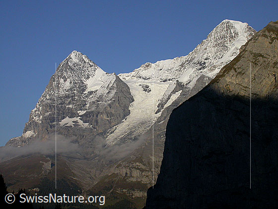 Foto: Eiger und Mönch von W (Mürren) im Abendlicht.