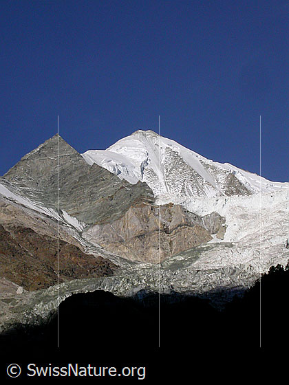 Foto: Weisshorn und Bisgletscher von E (Nähe Randa)
Zu sehen ist der Ostgrat (Normalroute) sowie die NE-Wand.