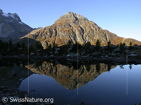 Foto: Frühmorgendliche Spiegelung im teilweise ausgetrockneten Mässersee mit Stockhorn.