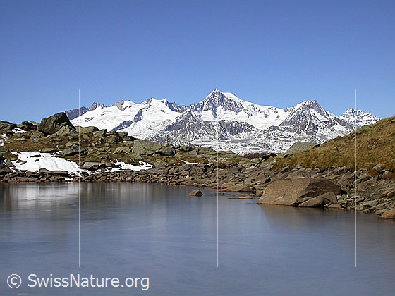 Foto: Blick über den zugefroreren Schaplersee Richtung Berner Alpen (Aletschhorn)