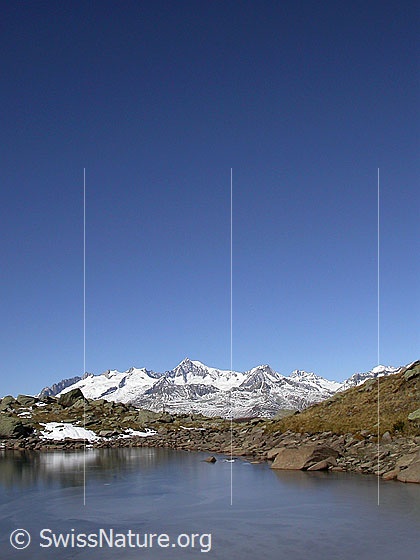 Foto: Blick über den zugefroreren Schaplersee Richtung Berner Alpen (Aletschhorn)