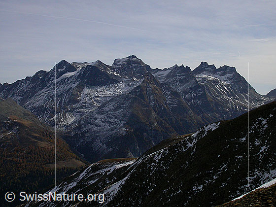 Foto: Blick vom Breithorn auf das Scherbadung-Massiv. Schwarzhorn, Scherbadung, Gischihorn.