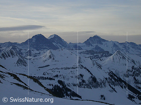 Foto: Eiger, Mönch und Jungfrau. Davor Ällgäuhorn, Allgäulücke und Schnierenhörnli im Brienzer Grat.