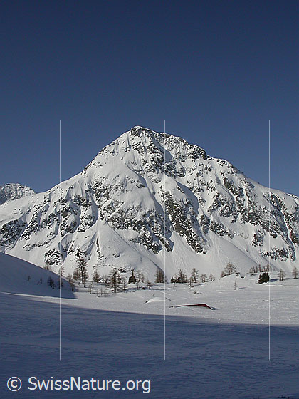 Foto: Zugeschneiter Mässersee mit Stockhorn.