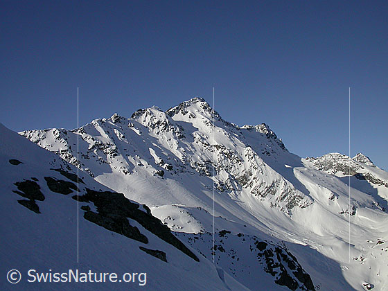 Foto: Blick vom Hotäl zu Schwarzhorn und Fleschhorn.