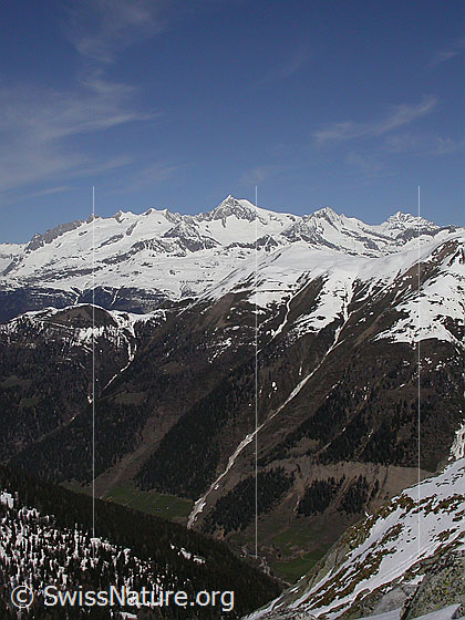 Foto: Im Hotäl: Blick hinunter ins Binntal. Darüber das Eggerhorn, im Hintergrund die Berner Alpen.