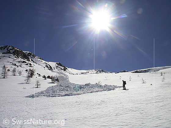 Foto: Unterhalb Mässersee: Skitourenfahrerin neben Kegel eines Nassschneerutsches.