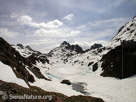 Foto: Züesee: Blick von Westen über den zugefrorenen See zum Grampielhorn.
