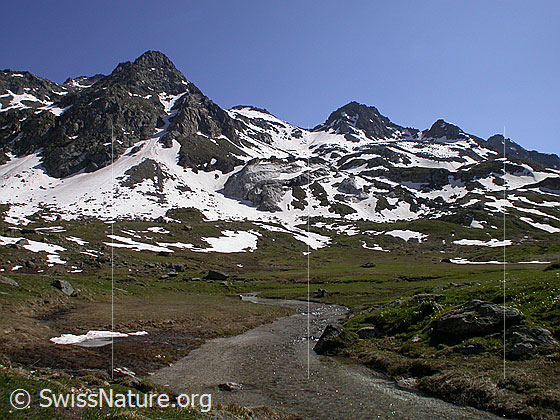 Foto: Wasserlauf bei Balme. Gipfel: Albrunhorn und Bochtehorn.
