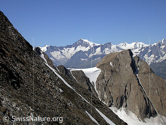 Foto: Auf dem E-Grat des Turbhorn. Blick über das Rappehorn Richtung Berner Alpen (Aletschhorn)