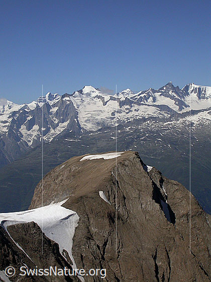 Foto: Blick vom Gipfel des Turbhorn über das Rappehorn zu den Berner alpen (u.a. Gross Wannenhorn, Jungfrau, Grünhörner).