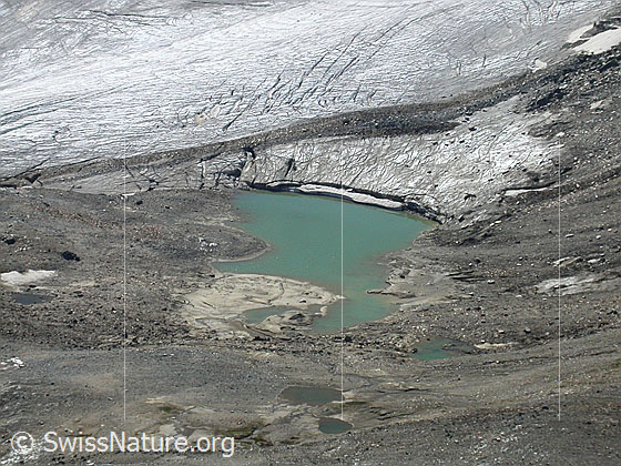 Foto: Gipfel Fanellhorn: Tiefblick auf einen der 3 Bergseen zwischen Fanellhorn und Fanellgletscher. Der Gletscher bricht in den See ab.