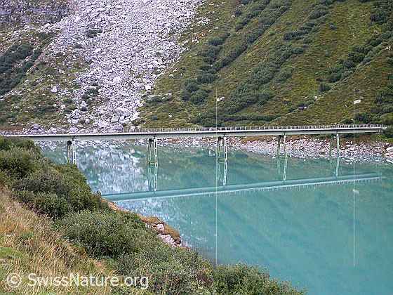 Foto: Brücke über einen Arm des Zervreilasee. Spiegelung im Zervreilasee.
