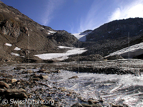 Foto: Blick von der kleinen Schwemmebene bei Pt. 2630 Richtung Hohsandhorn. Im Vordergrund dünne Eisschicht.