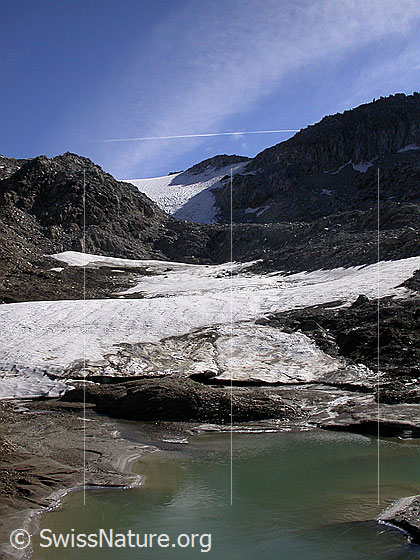 Foto: Blick von der kleinen Schwemmebene bei Pt. 2630 Richtung Hohsandhorn. Im Vordergrund ein kleiner See, in welchen der Rest des Gletschers mündet.