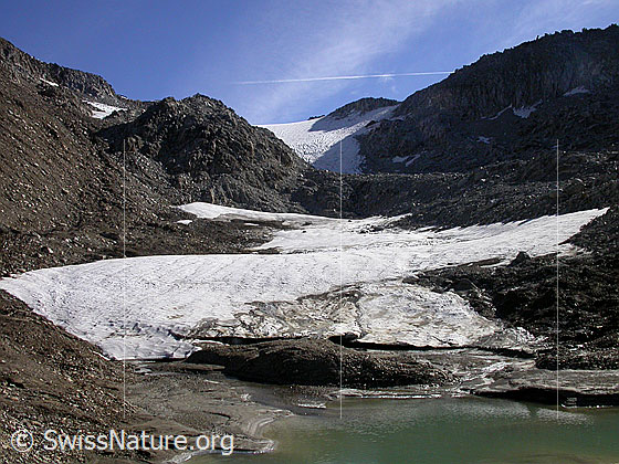 Foto: Blick von der kleinen Schwemmebene bei Pt. 2630 Richtung Hohsandhorn. Im Vordergrund ein kleiner See, in welchen der Rest des Gletschers mündet.