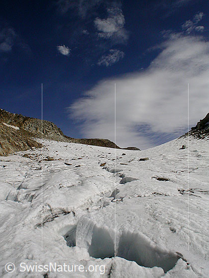 Foto: Auf dem Weg zum Mittlebärgpass: Auf dem Gletscher sind vom Wasser interssant geformte Kanäle zu sehen. Supraglazialer Schmelzwasserkanal.