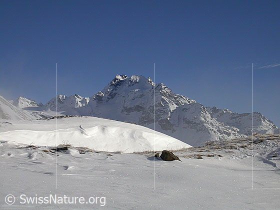 Foto: Abfahrt vom Gandhorn: Blick durch aufziehenden Nebel zum Ofenhorn. Im Vordergrund eine Schneeverwehung.