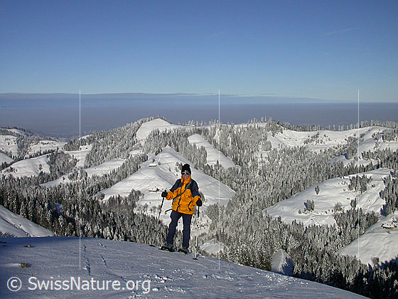 Foto: Schneeschuhläuferin in sonniger Emmentaler Winterlandschaft unterwegs. Die Wälder, Hügel und Kreten sind frisch verschneit und über dem Mittelland liegt ein Nebelmeer.